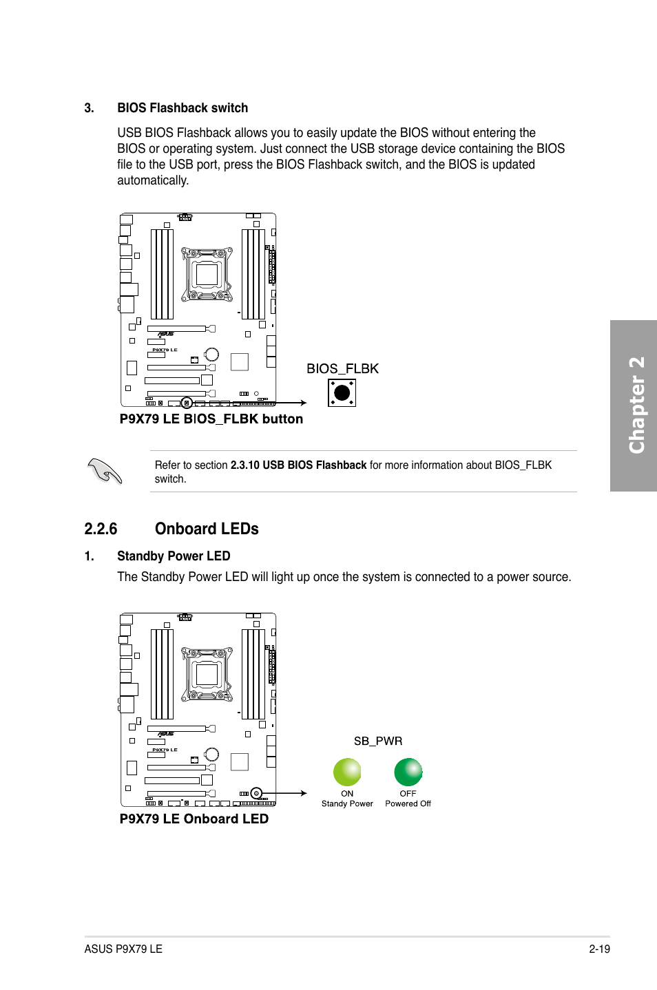 6 onboard leds, Onboard leds -19, Chapter 2 | Asus P9X79 LE User Manual | Page 37 / 176