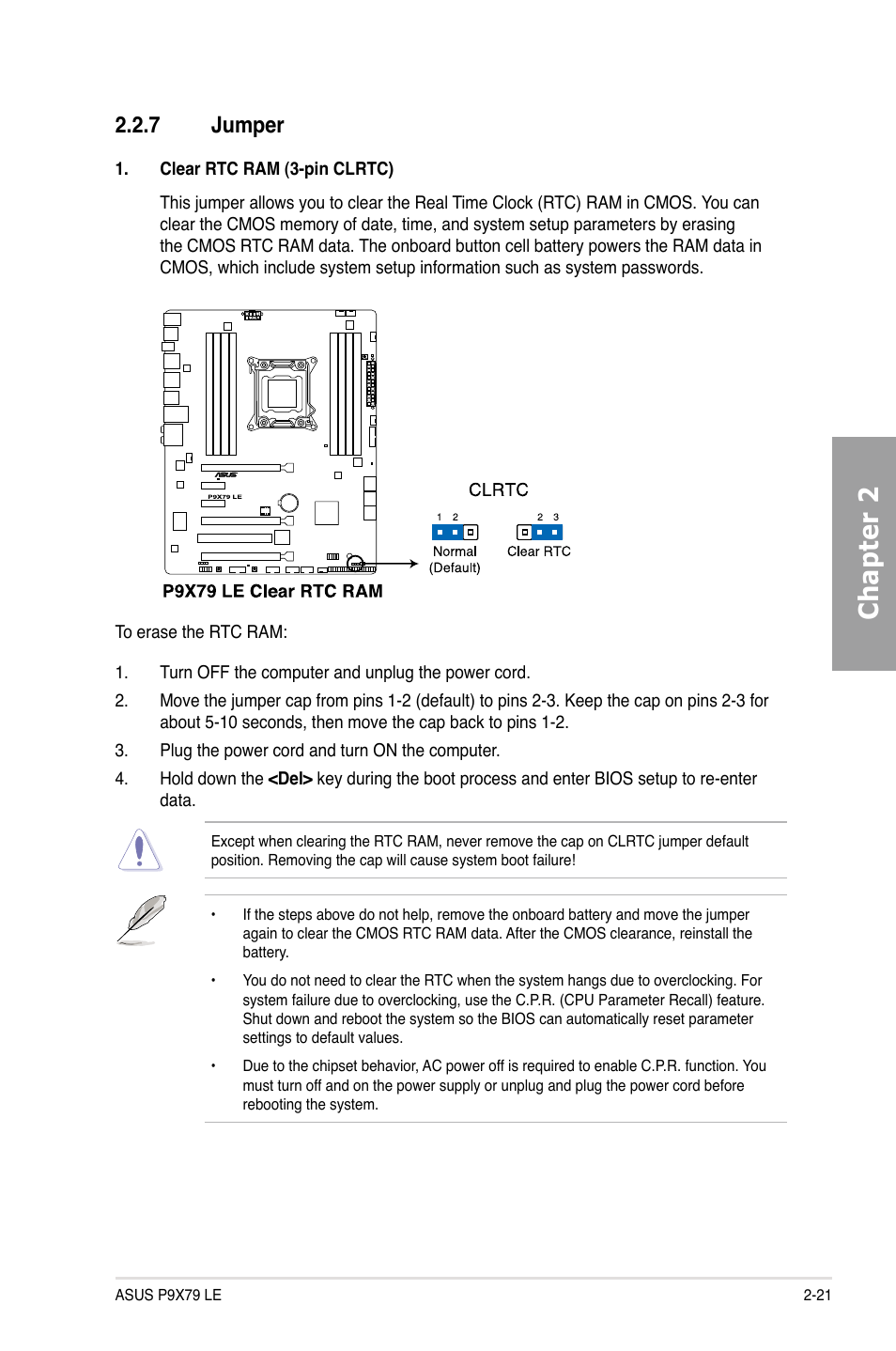 7 jumper, Jumper -21, Chapter 2 | Asus P9X79 LE User Manual | Page 39 / 176