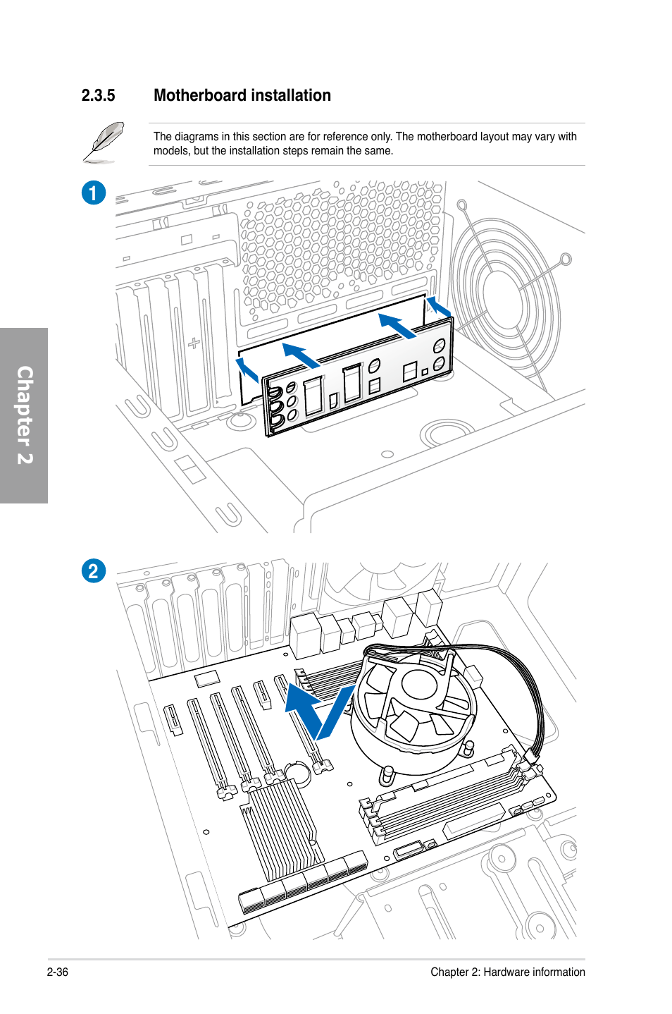 5 motherboard installation, Motherboard installation -36, Chapter 2 | Asus P9X79 LE User Manual | Page 54 / 176