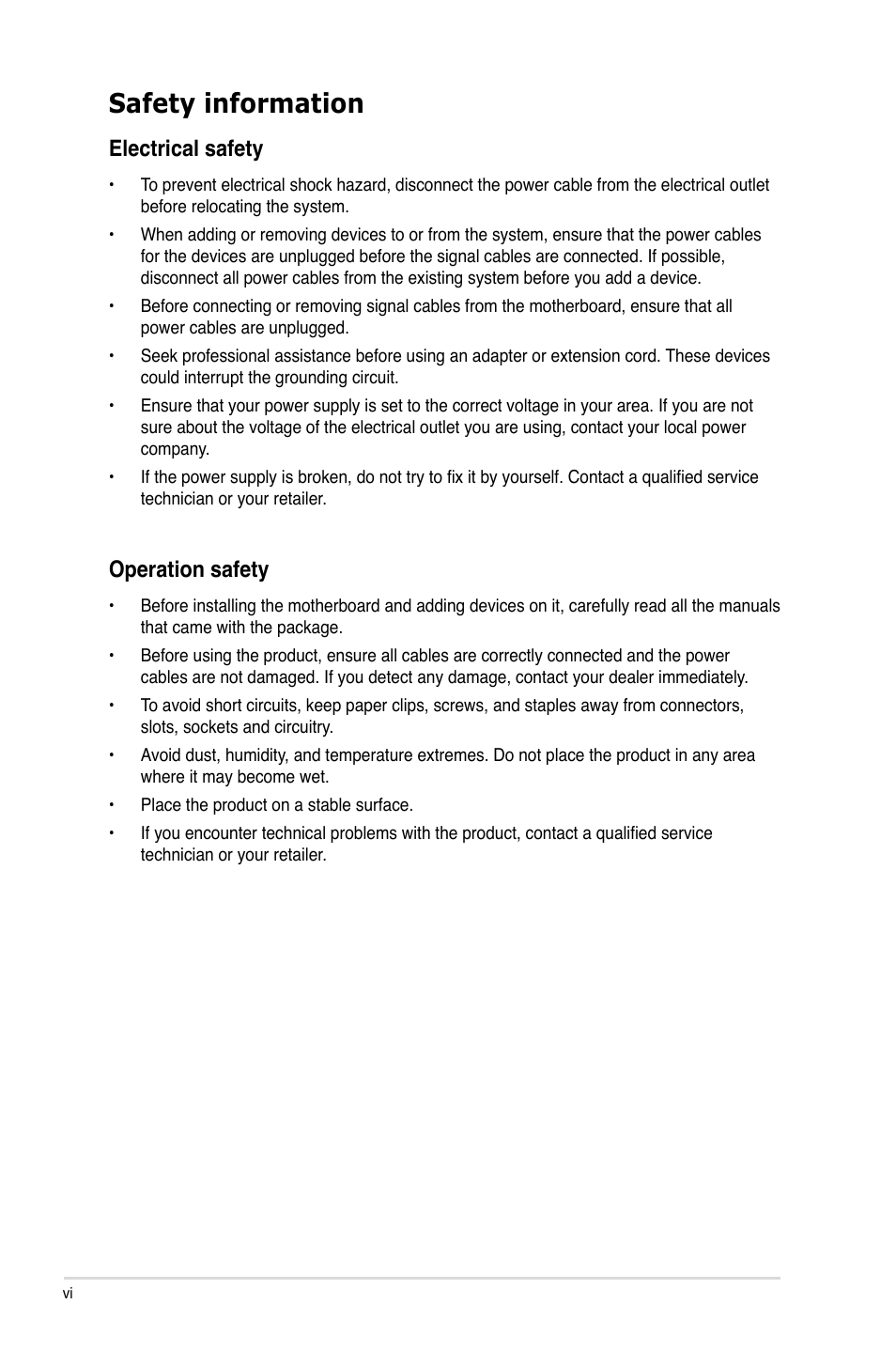 Safety information, Electrical safety, Operation safety | Asus P9X79 LE User Manual | Page 6 / 176