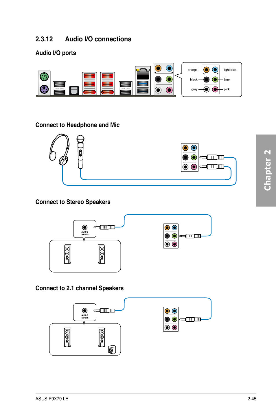 12 audio i/o connections, Audio i/o connections -45, Chapter 2 | Asus P9X79 LE User Manual | Page 63 / 176