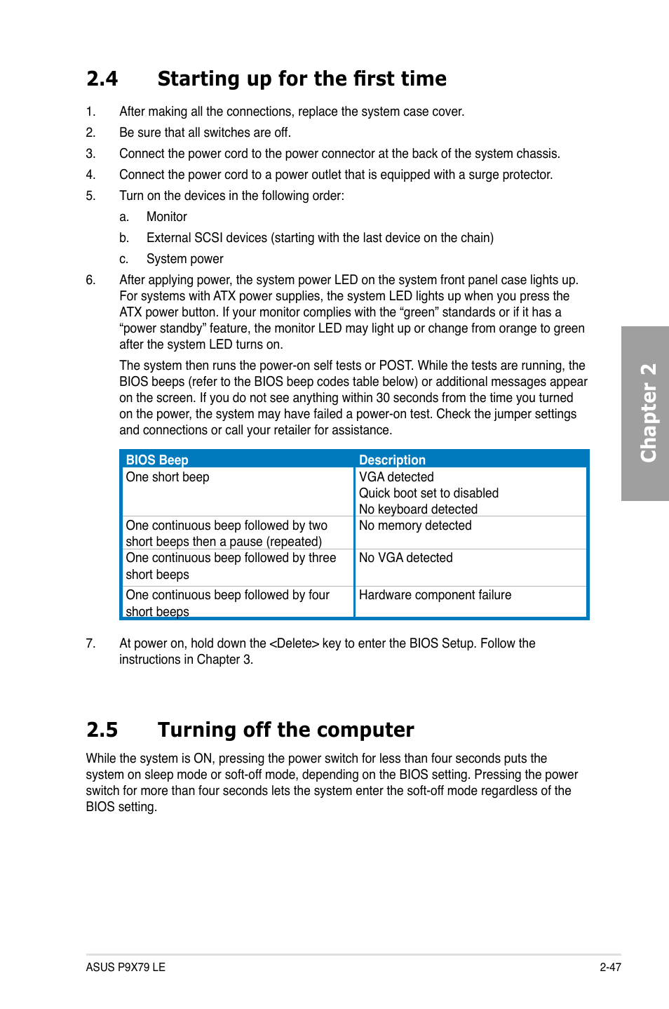 4 starting up for the first time, 5 turning off the computer, Starting up for the first time -47 | Turning off the computer -47, Chapter 2 2.4 starting up for the first time | Asus P9X79 LE User Manual | Page 65 / 176