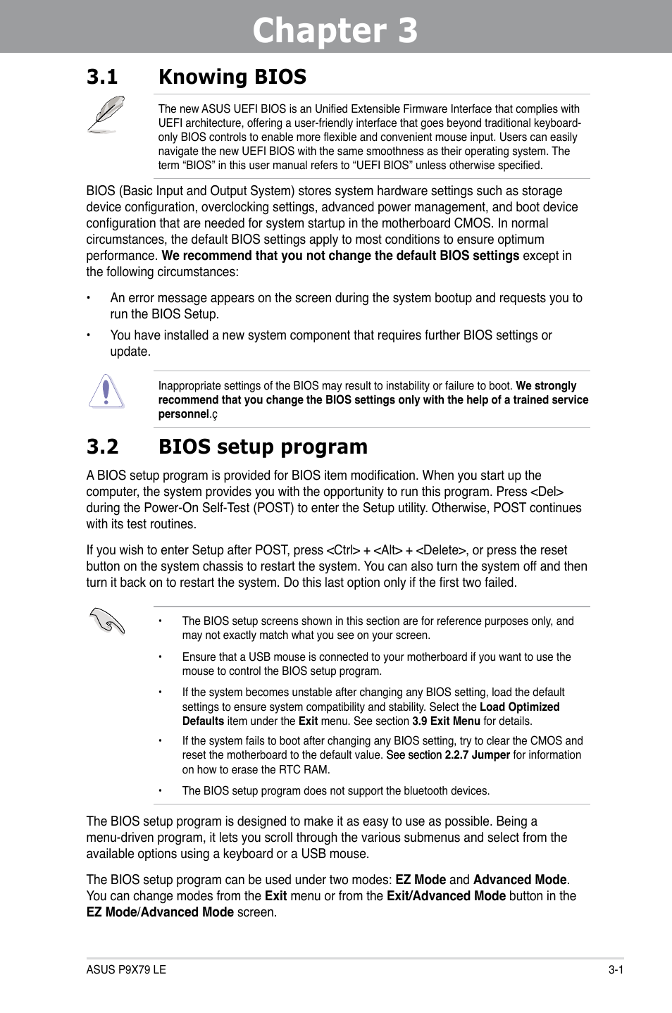 Chapter 3: bios setup, 1 knowing bios, 2 bios setup program | Chapter 3, Bios setup, Knowing bios -1, Bios setup program -1 | Asus P9X79 LE User Manual | Page 67 / 176