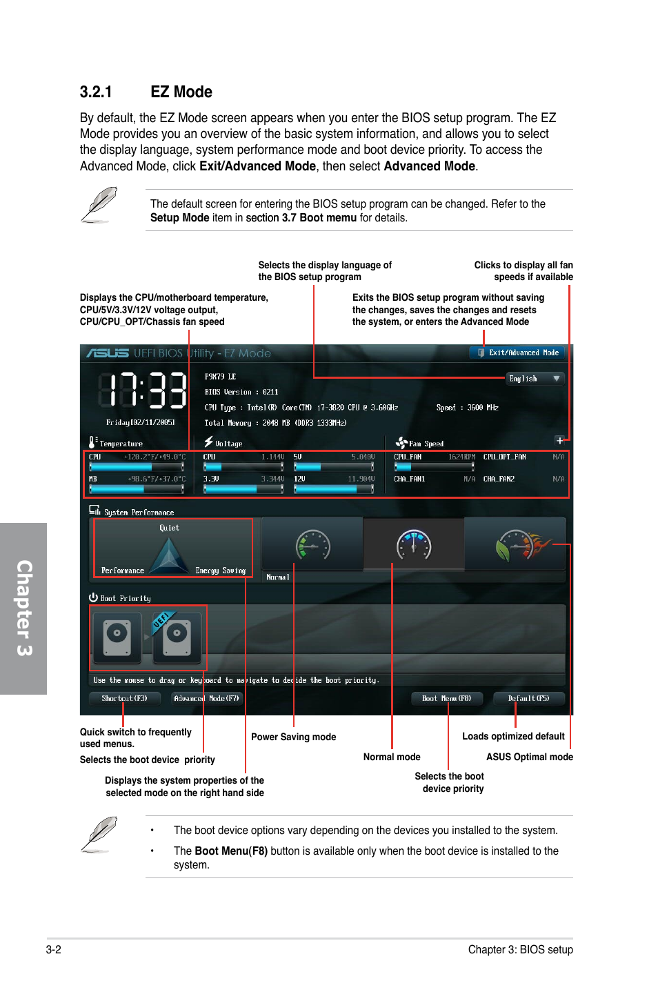 1 ez mode, Ez mode -2, Chapter 3 | Asus P9X79 LE User Manual | Page 68 / 176
