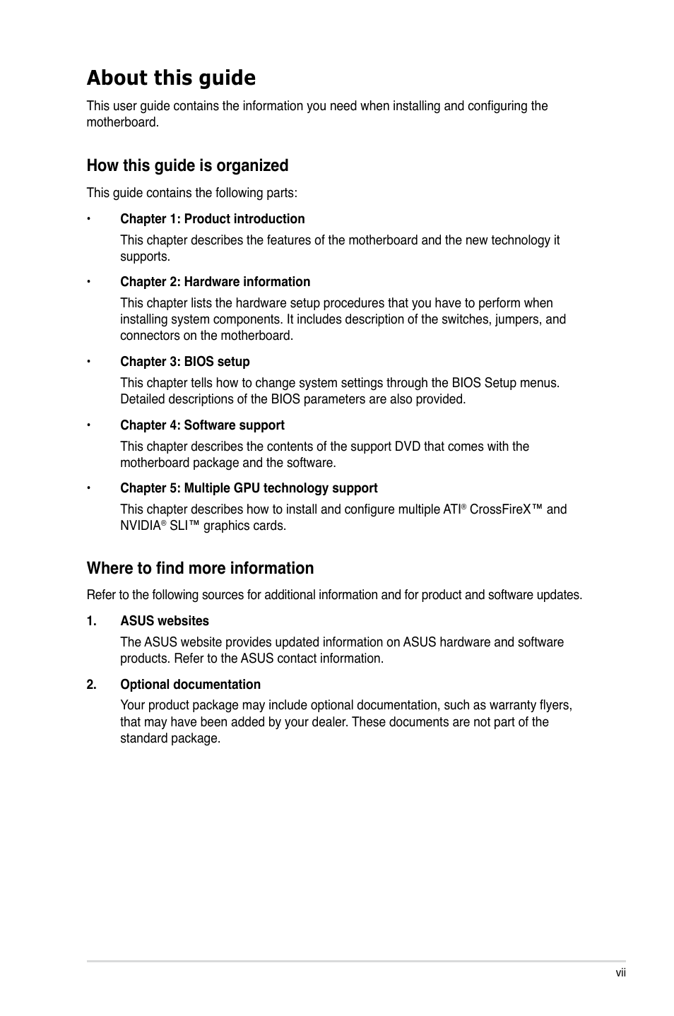 About this guide, How this guide is organized, Where to find more information | Asus P9X79 LE User Manual | Page 7 / 176