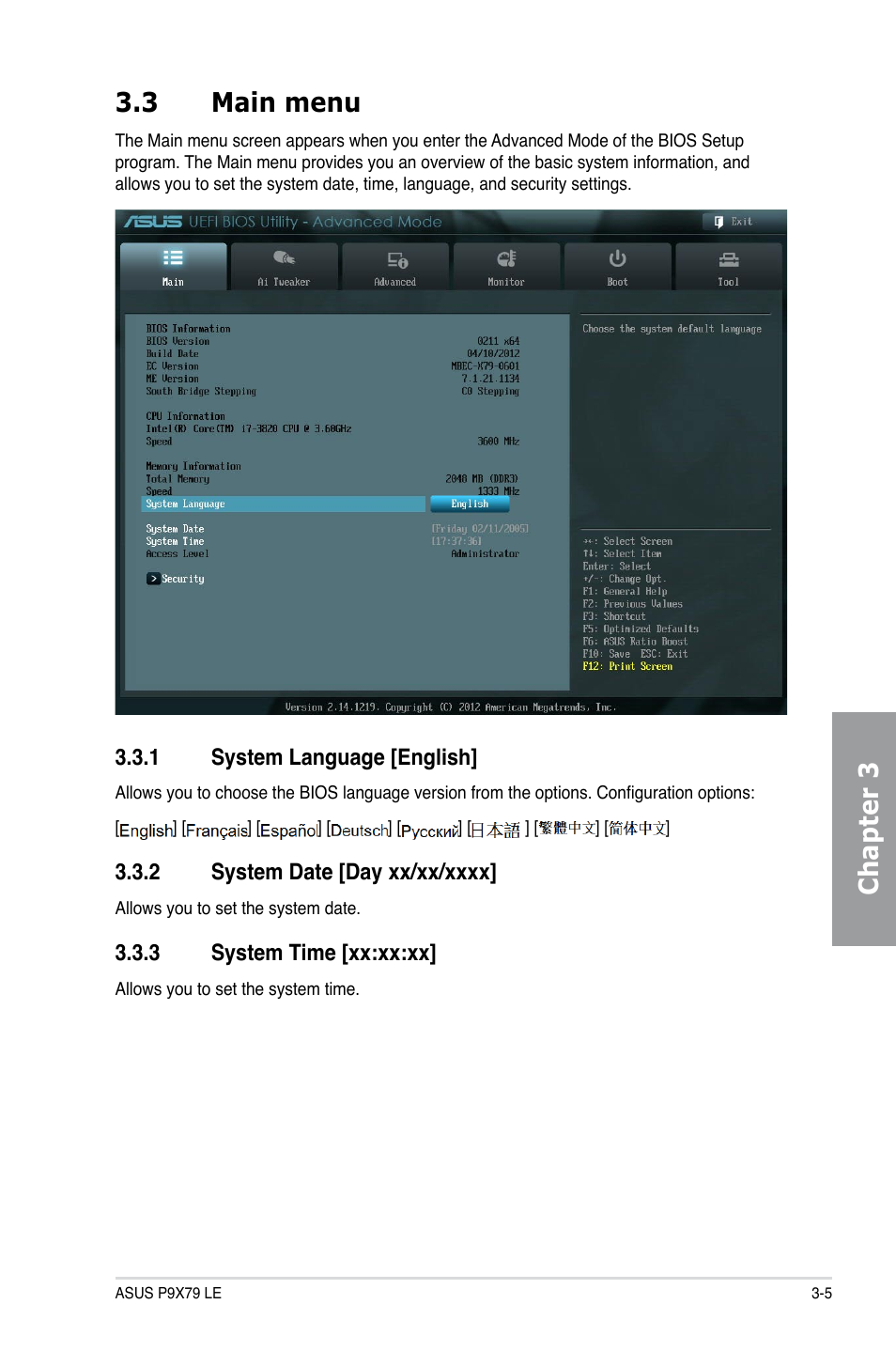 3 main menu, 1 system language [english, 2 system date [day xx/xx/xxxx | 3 system time [xx:xx:xx, Main menu -5 3.3.1, System language [english] -5, System date [day xx/xx/xxxx] -5, System time [xx:xx:xx] -5, Chapter 3 3.3 main menu | Asus P9X79 LE User Manual | Page 71 / 176