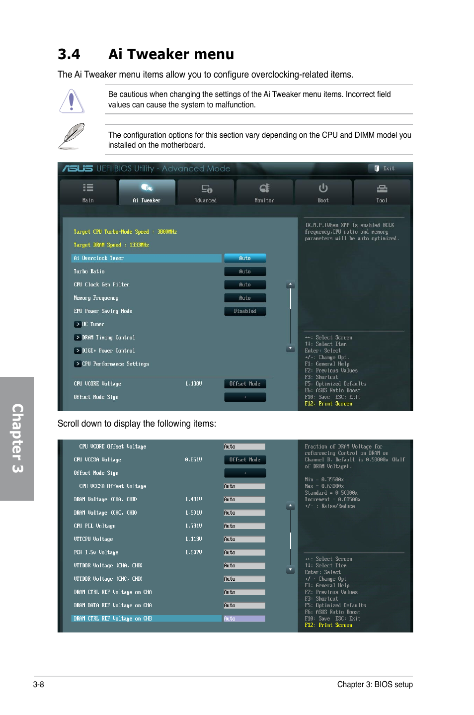 4 ai tweaker menu, Ai tweaker menu -8, Chapter 3 3.4 ai tweaker menu | Asus P9X79 LE User Manual | Page 74 / 176