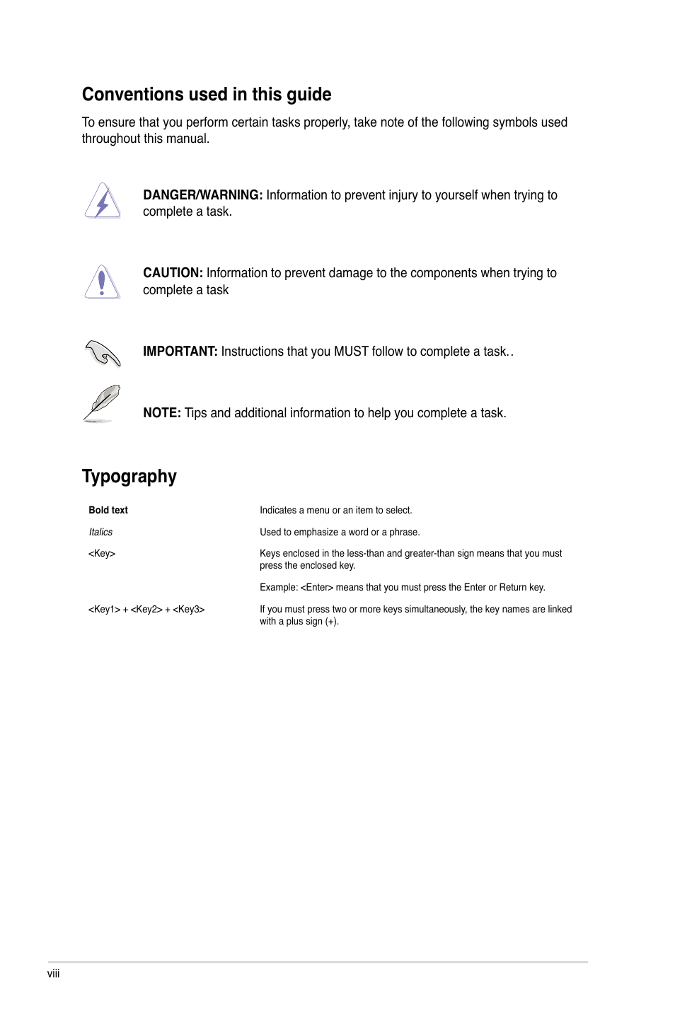 Conventions used in this guide, Typography | Asus P9X79 LE User Manual | Page 8 / 176