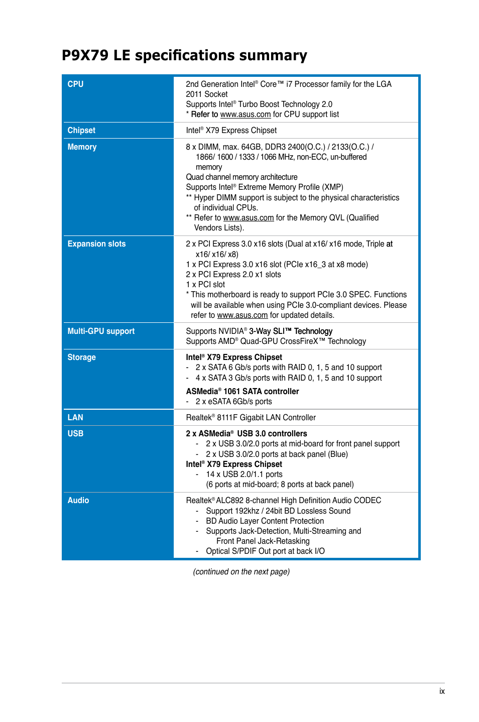 P9x79 le specifications summary | Asus P9X79 LE User Manual | Page 9 / 176