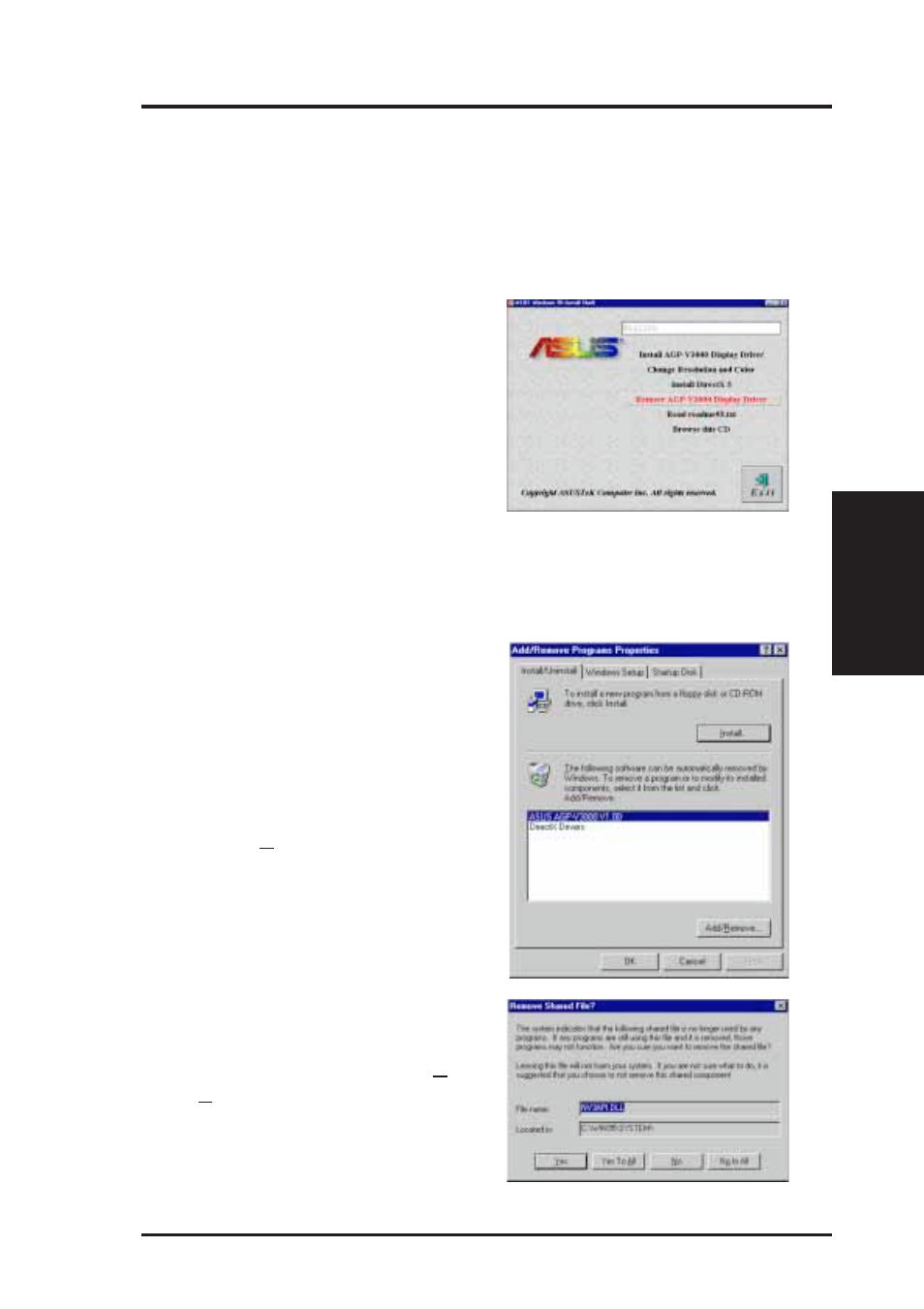 Iii. windows 95, Video driver uninstallation | Asus AGP-V3000 User Manual | Page 15 / 24