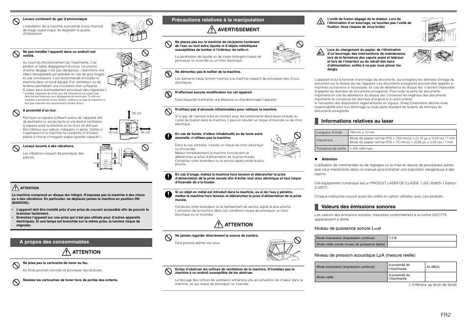 A propos des consommables attention, Attention, Informations relatives au laser | Valeurs des émissions sonores | Sharp MX-1810U User Manual | Page 11 / 56