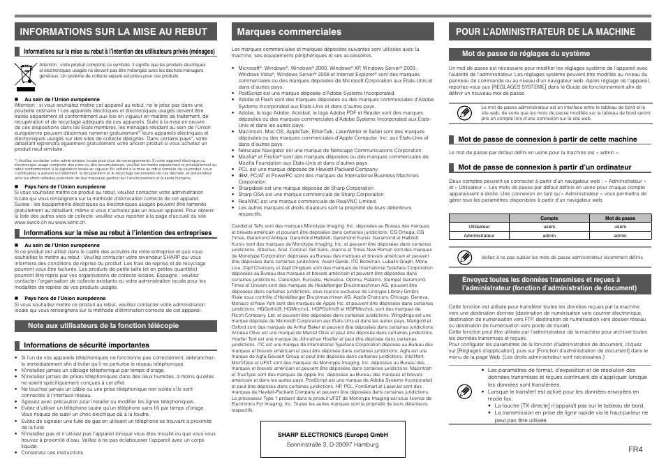 Informations sur la mise au rebut, Marques commerciales, Pour l’administrateur de la machine | Sharp MX-1810U User Manual | Page 13 / 56