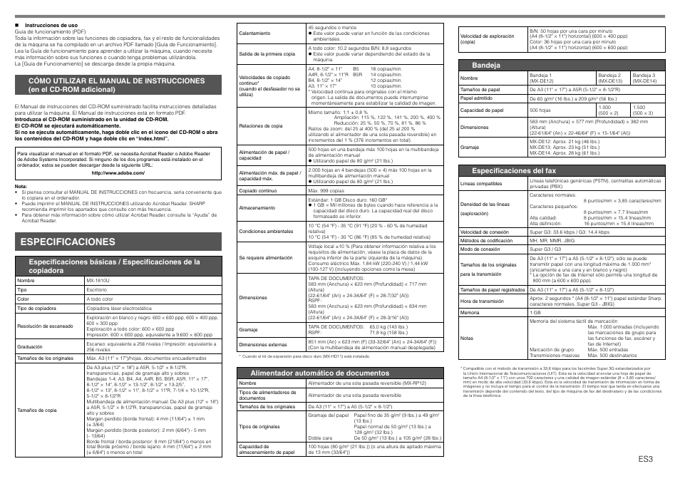 Especificaciones, Alimentador automático de documentos, Bandeja | Especificaciones del fax | Sharp MX-1810U User Manual | Page 16 / 56