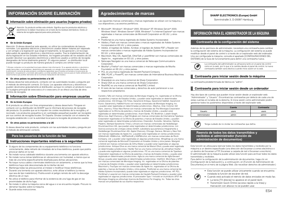 Información sobre eliminación, Agradecimientos de marcas, Información para el administrador de la máquina | Sharp MX-1810U User Manual | Page 17 / 56