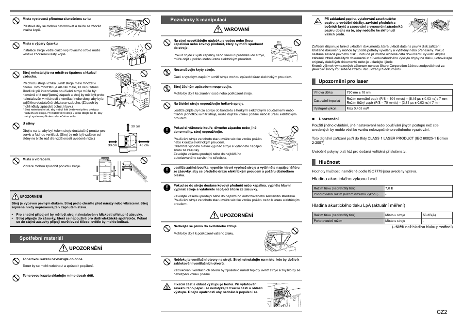 Spotřební materiál upozornění, Poznámky k manipulaci varovaní, Upozornění | Upozornění pro laser, Hlučnost | Sharp MX-1810U User Manual | Page 19 / 56