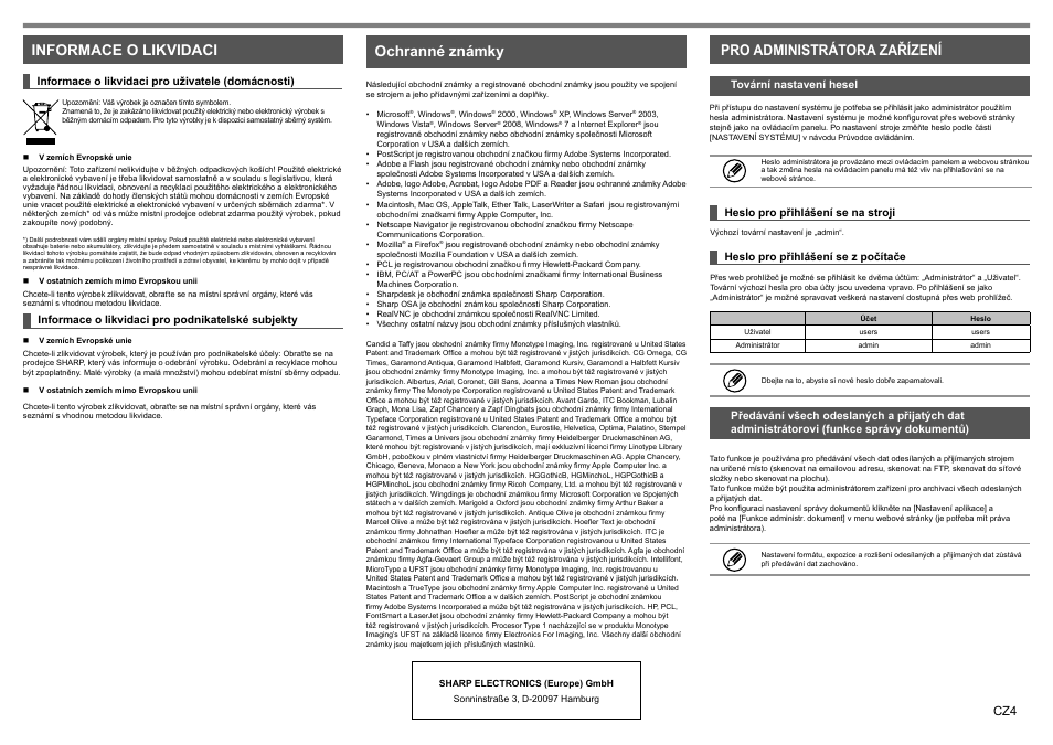 Informace o likvidaci ochranné známky, Pro administrátora zařízení | Sharp MX-1810U User Manual | Page 21 / 56