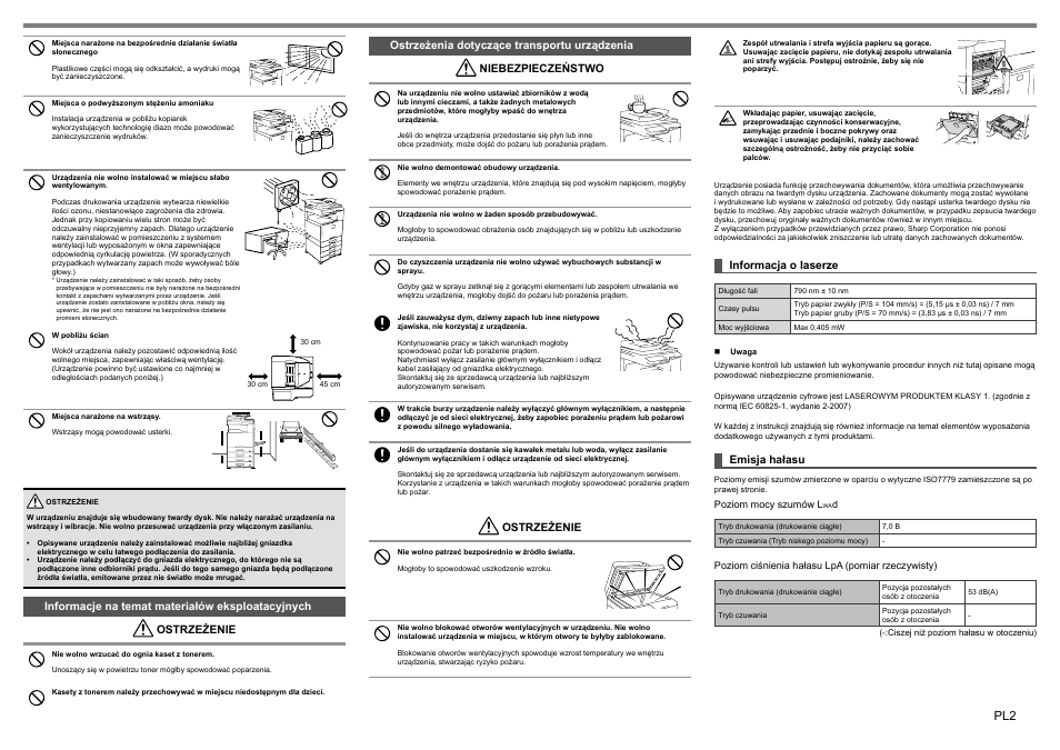 Ostrzeżenie, Informacja o laserze, Emisja hałasu | Sharp MX-1810U User Manual | Page 23 / 56