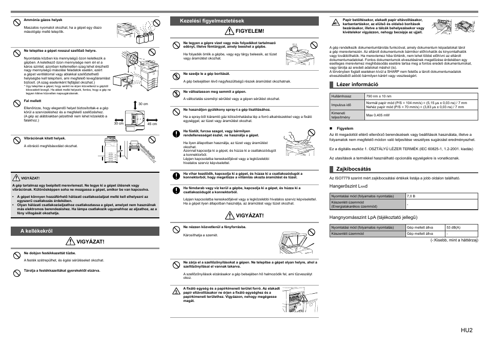 A kellékekről vigyázat, Kezelési figyelmeztetések figyelem, Vigyázat | Lézer információ, Zajkibocsátás | Sharp MX-1810U User Manual | Page 27 / 56