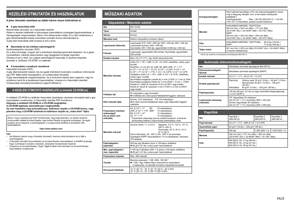 Műszaki adatok, Kezelési útmutatók és használatuk, Gépadatok / másolási adatok | Automata dokumentumadagoló, Papírfiók | Sharp MX-1810U User Manual | Page 28 / 56