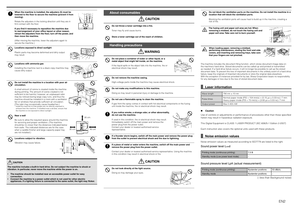 About consumables caution, Handling precautions warning, Caution | Laser information, Noise emission values | Sharp MX-1810U User Manual | Page 3 / 56