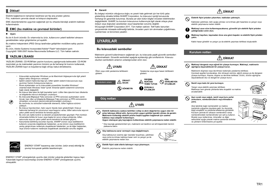 Uyarilar | Sharp MX-1810U User Manual | Page 34 / 56