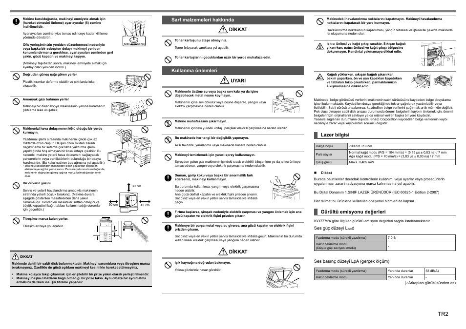 Sarf malzemeleri hakkında dikkat, Kullanma önlemleri uyari, Dikkat | Lazer bilgisi, Gürültü emisyonu değerleri | Sharp MX-1810U User Manual | Page 35 / 56