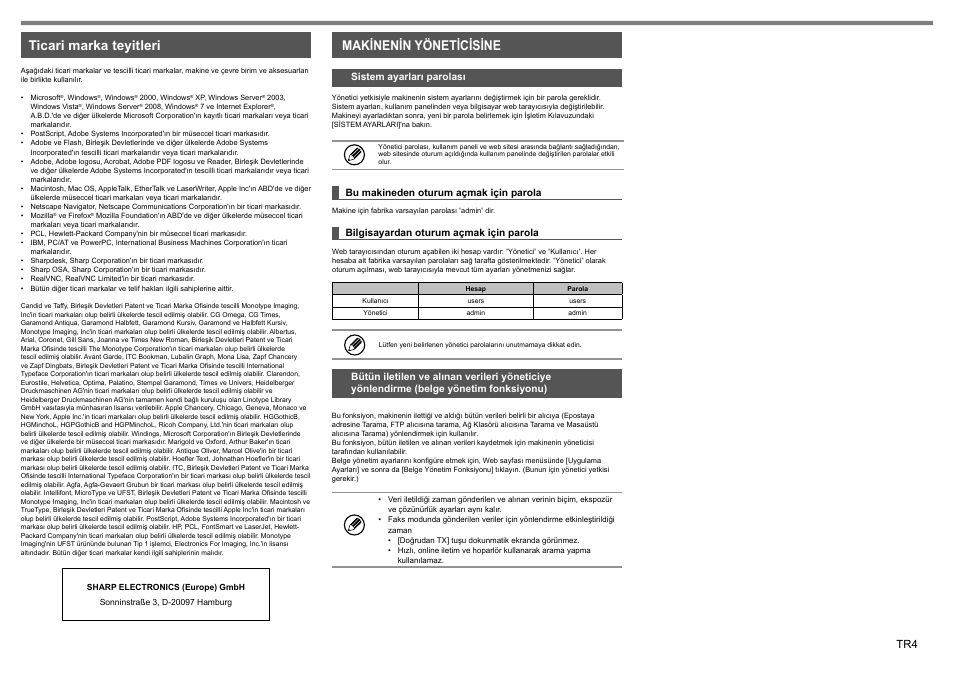 Ticari marka teyitleri, Makinenin yöneticisine | Sharp MX-1810U User Manual | Page 37 / 56