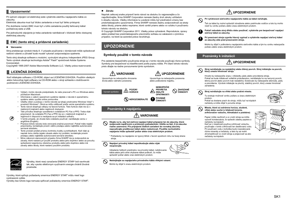 Upozornenie | Sharp MX-1810U User Manual | Page 38 / 56