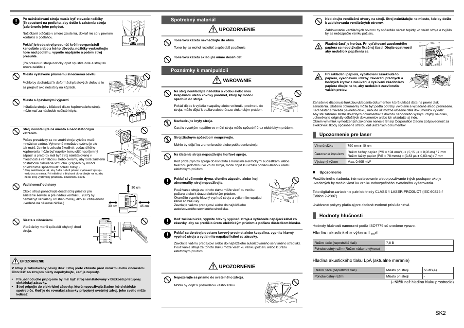 Spotrebný materiál upozornenie, Poznámky k manipulácii varovanie, Upozornenie | Upozornenie pre laser, Hodnoty hlučnosti | Sharp MX-1810U User Manual | Page 39 / 56