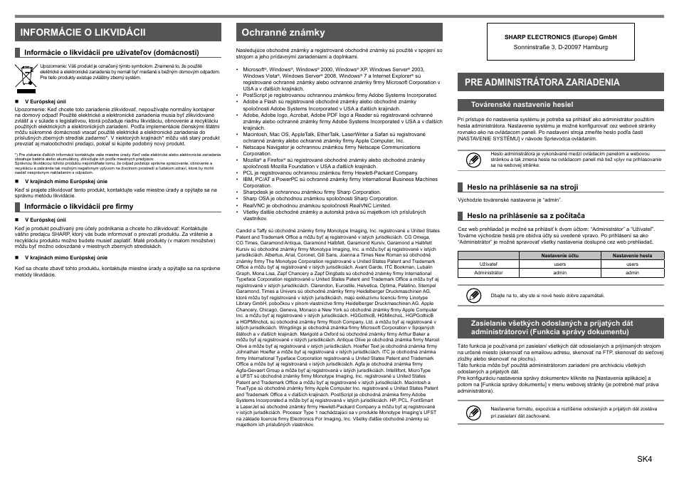 Informácie o likvidácii ochranné známky, Pre administrátora zariadenia | Sharp MX-1810U User Manual | Page 41 / 56