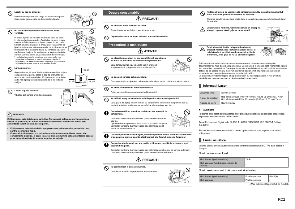 Despre consumabile precautii, Precautiuni la manipulare atentie, Precautii | Informatii laser, Emisii acustice | Sharp MX-1810U User Manual | Page 43 / 56