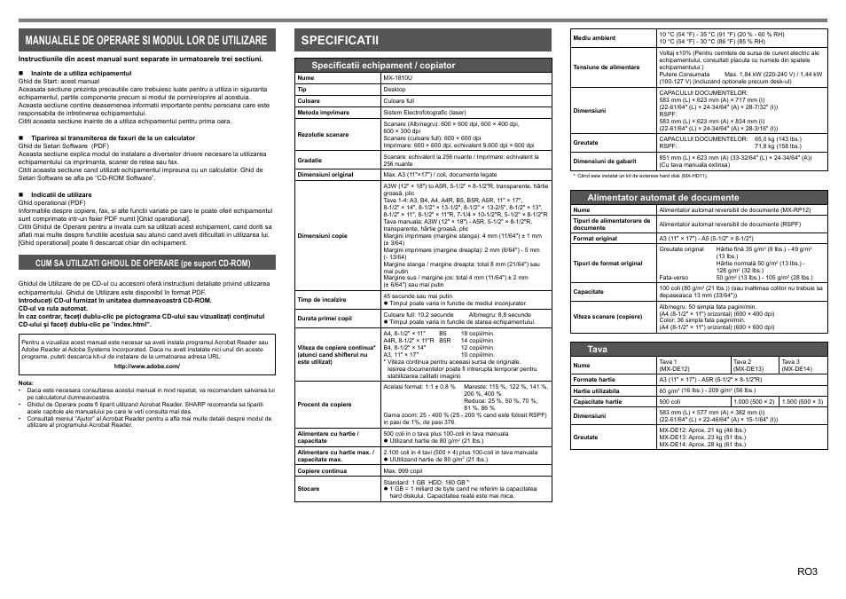 Specificatii, Manualele de operare si modul lor de utilizare, Specificatii echipament / copiator | Alimentator automat de documente, Tava | Sharp MX-1810U User Manual | Page 44 / 56