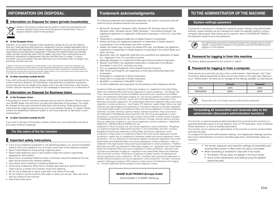 Information on disposal, Trademark acknowledgments | Sharp MX-1810U User Manual | Page 5 / 56