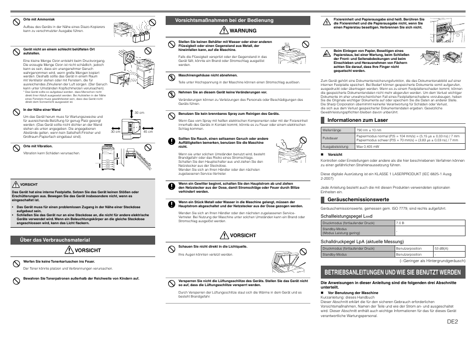 Betriebsanleitungen und wie sie benutzt werden, Über das verbrauchsmaterial vorsicht, Vorsichtsmaßnahmen bei der bedienung warnung | Vorsicht, Informationen zum laser, Geräuschemissionswerte | Sharp MX-1810U User Manual | Page 7 / 56