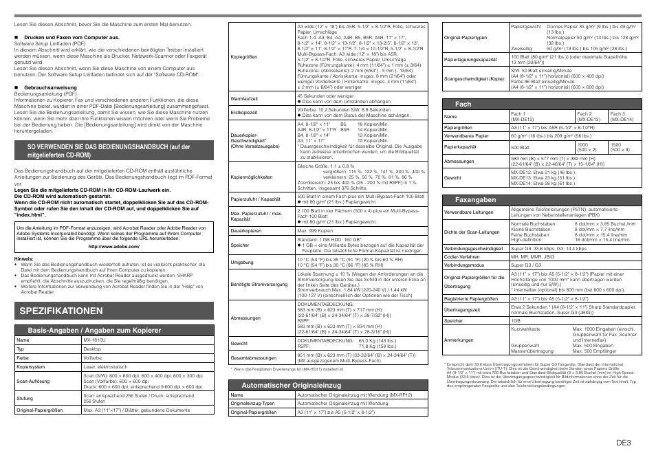 Spezifikationen, Basis-angaben / angaben zum kopierer, Automatischer originaleinzug | Fach, Faxangaben | Sharp MX-1810U User Manual | Page 8 / 56