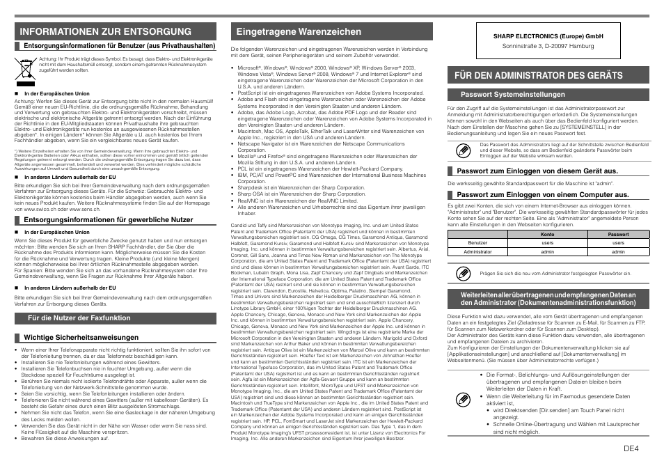 Informationen zur entsorgung, Eingetragene warenzeichen, Für den administrator des geräts | Sharp MX-1810U User Manual | Page 9 / 56