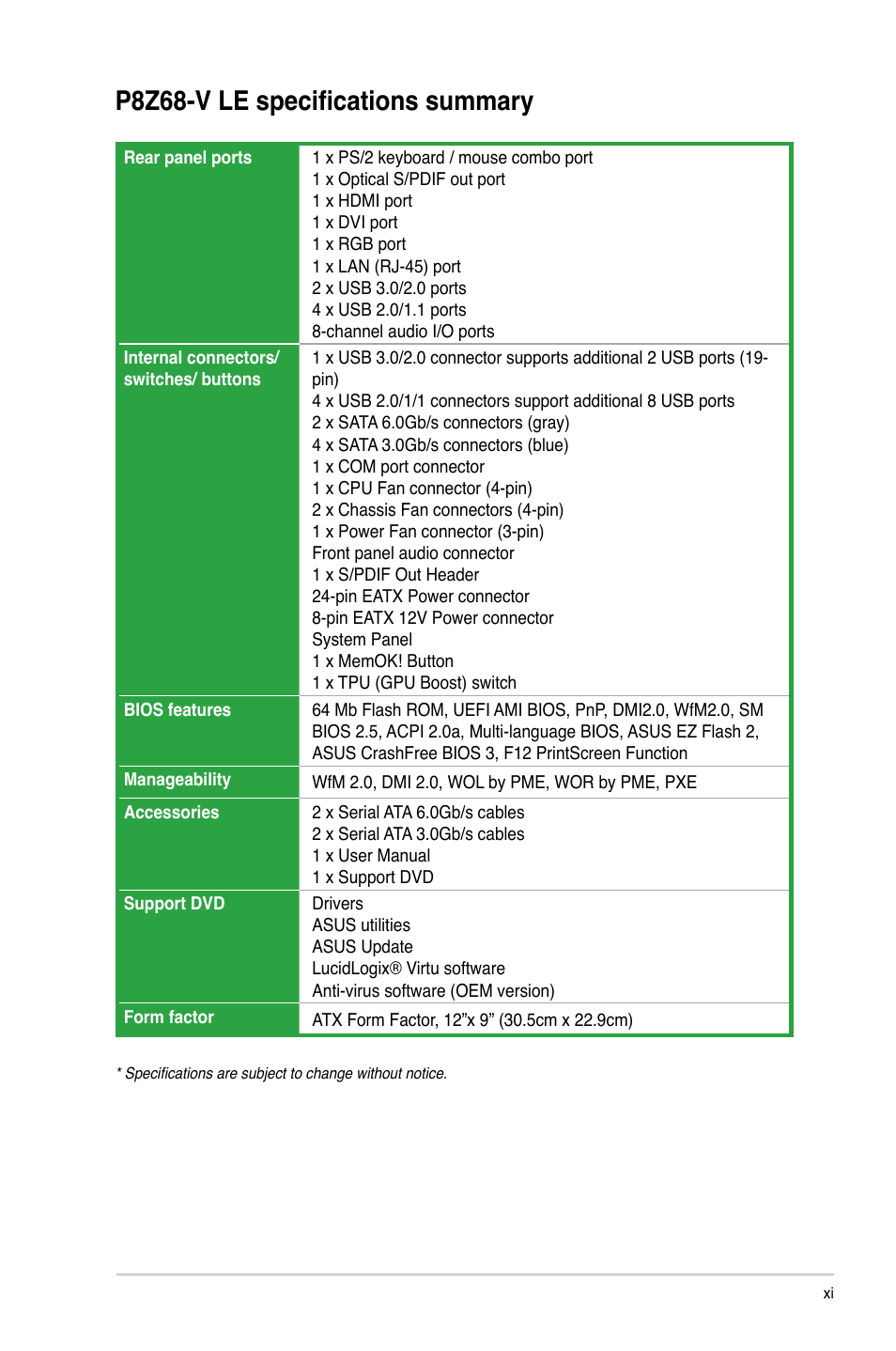 P8z68-v le specifications summary | Asus P8Z68-V LE User Manual | Page 11 / 82