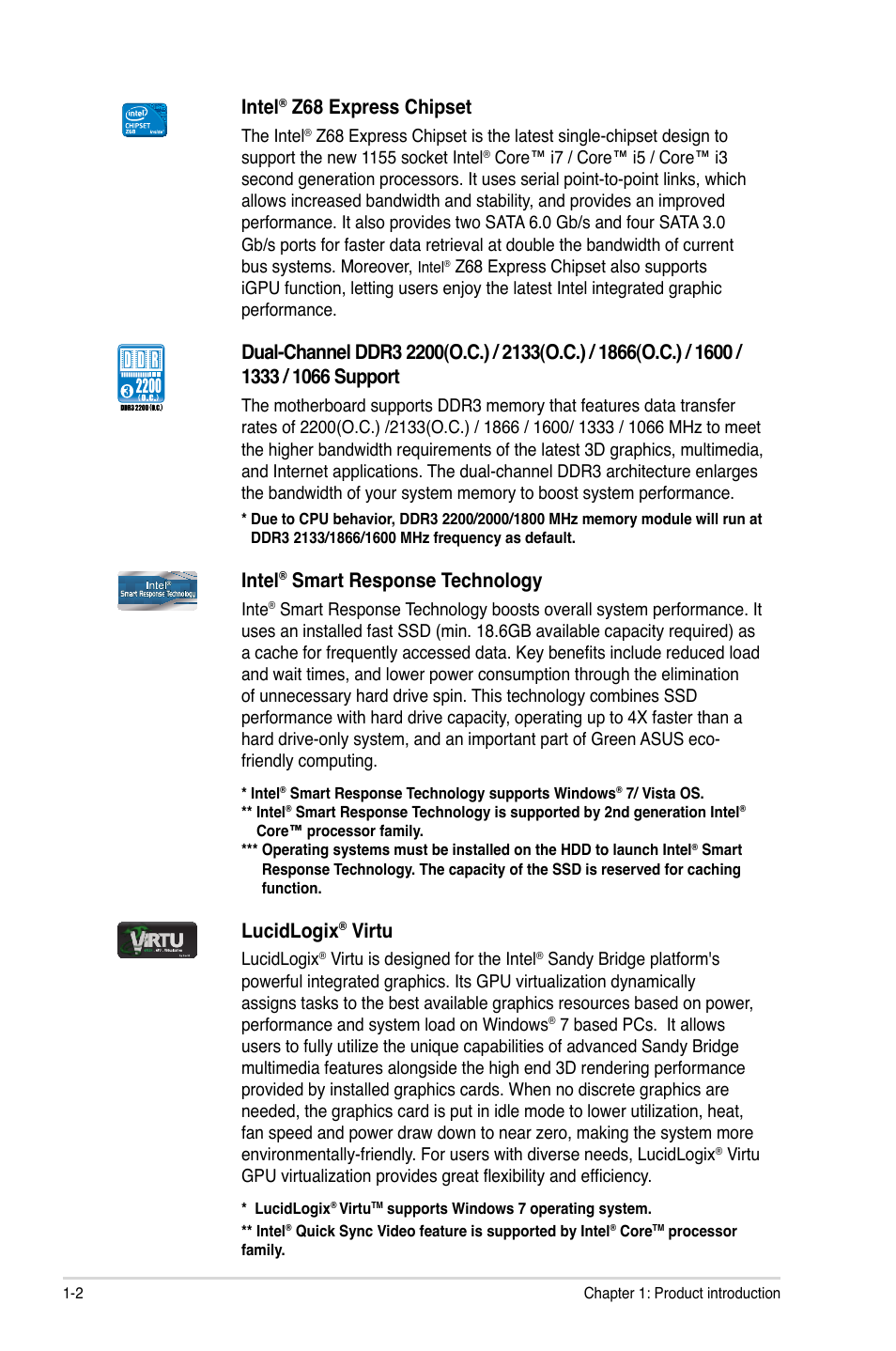 Intel, Z68 express chipset, Smart response technology | Lucidlogix, Virtu | Asus P8Z68-V LE User Manual | Page 14 / 82