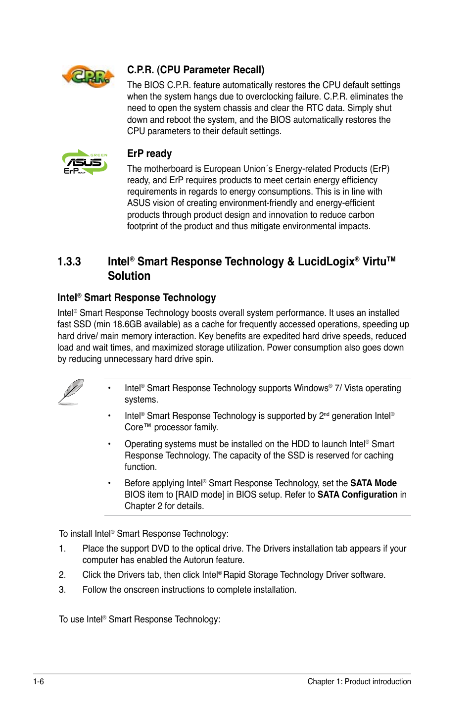 Intel, Smart response technology & lucidlogix, Virtu | Solution -6, 3 intel, Solution | Asus P8Z68-V LE User Manual | Page 18 / 82