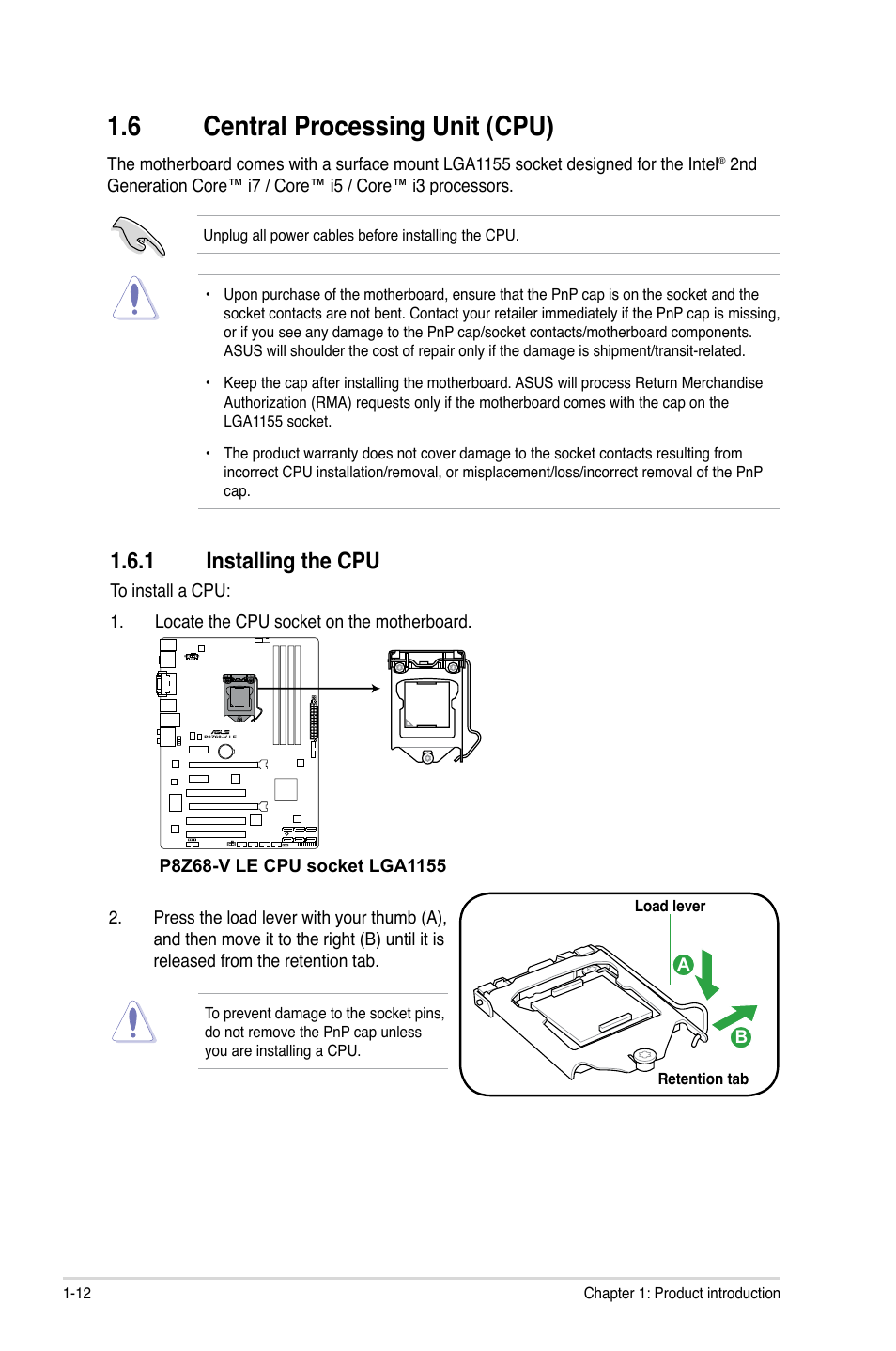 6 central processing unit (cpu), 1 installing the cpu, Central processing unit (cpu) -12 1.6.1 | Installing the cpu -12 | Asus P8Z68-V LE User Manual | Page 24 / 82