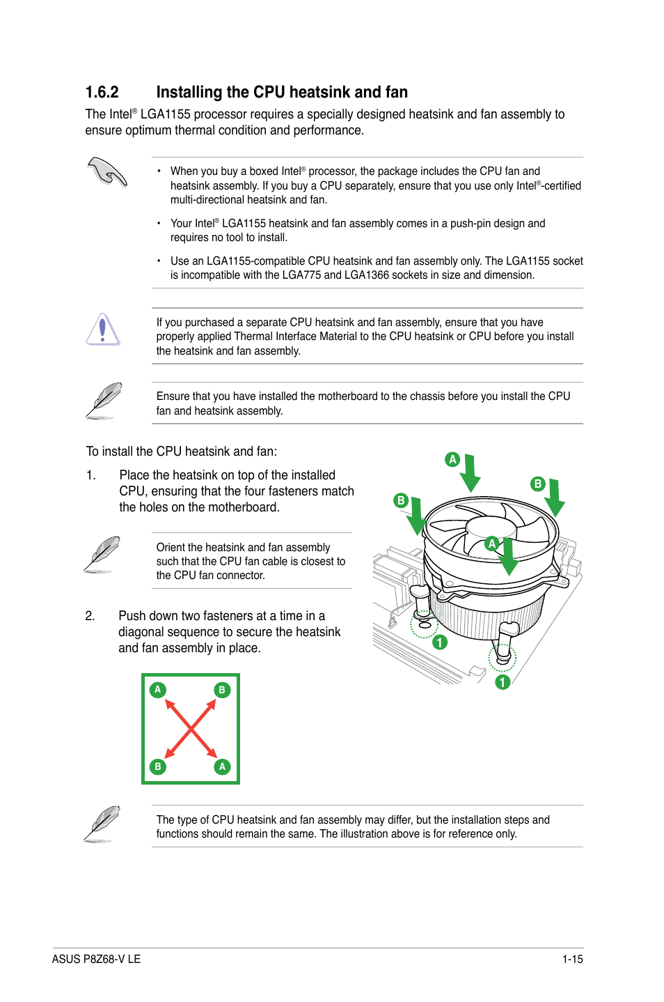 2 installing the cpu heatsink and fan, Installing the cpu heatsink and fan -15 | Asus P8Z68-V LE User Manual | Page 27 / 82