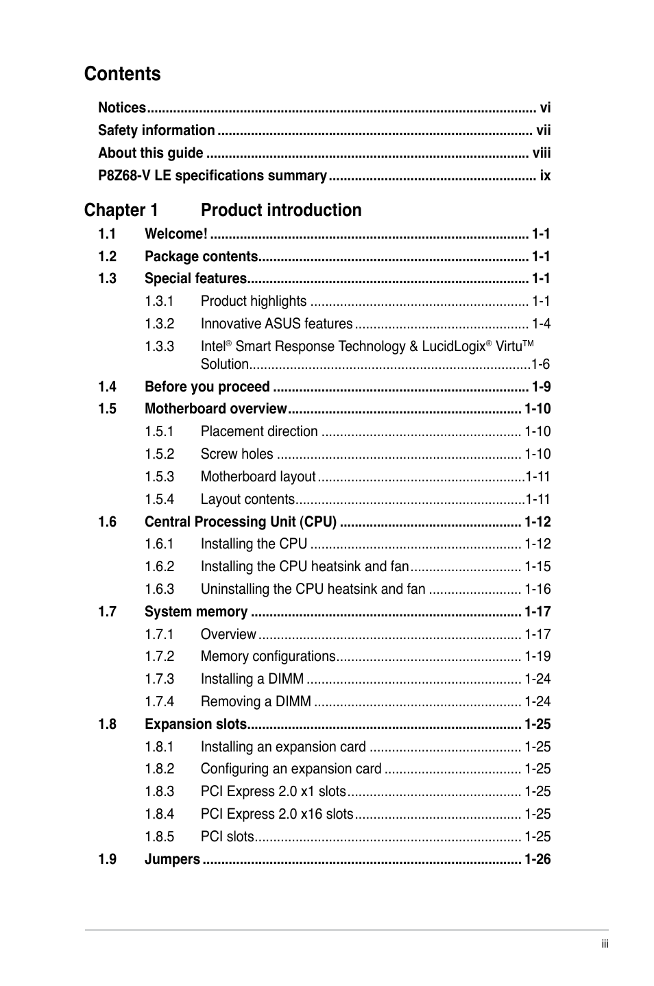 Asus P8Z68-V LE User Manual | Page 3 / 82