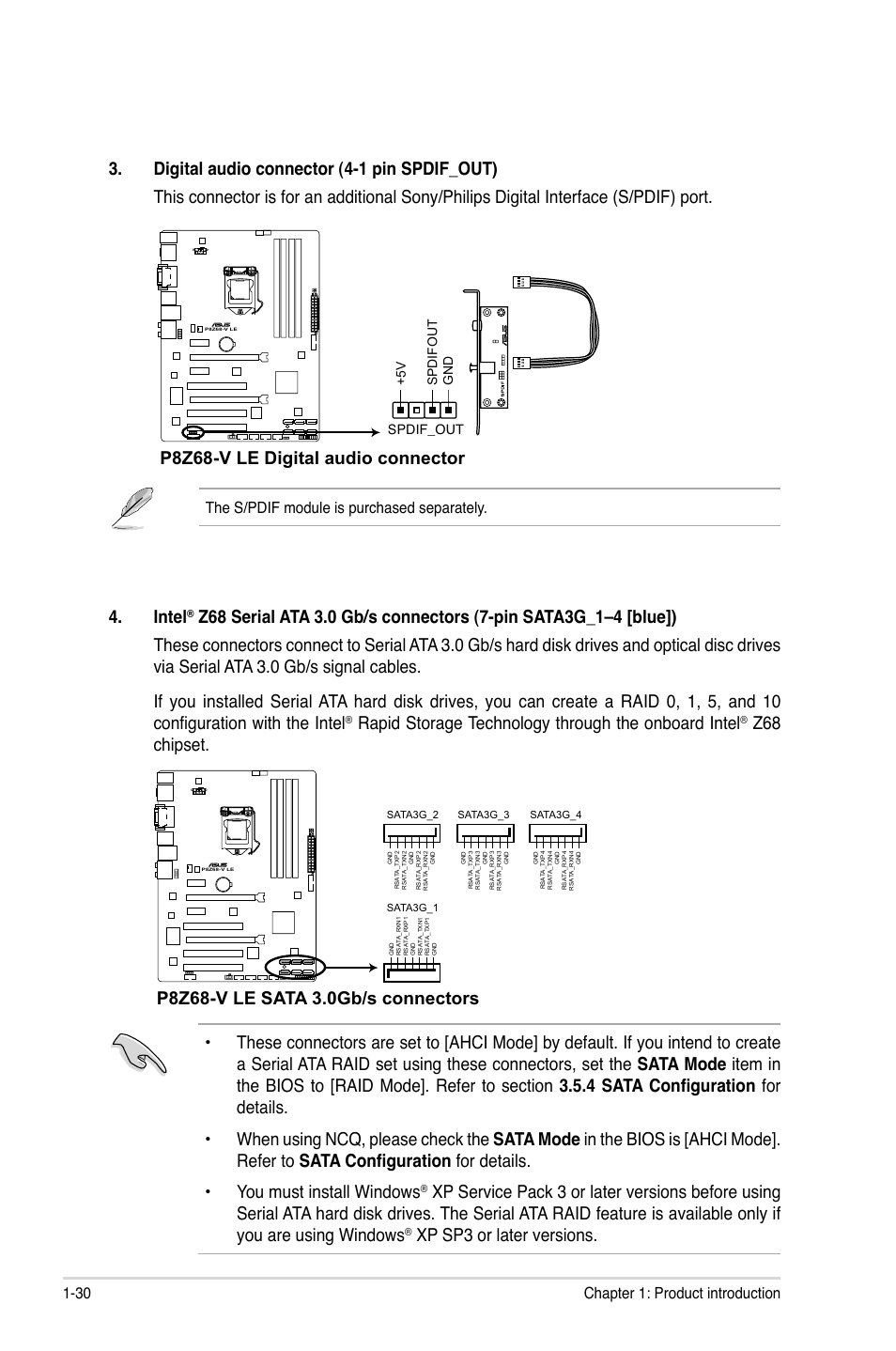Intel, Rapid storage technology through the onboard intel, Xp sp3 or later versions | P8z68-v le digital audio connector, 30 chapter 1: product introduction, The s/pdif module is purchased separately | Asus P8Z68-V LE User Manual | Page 42 / 82