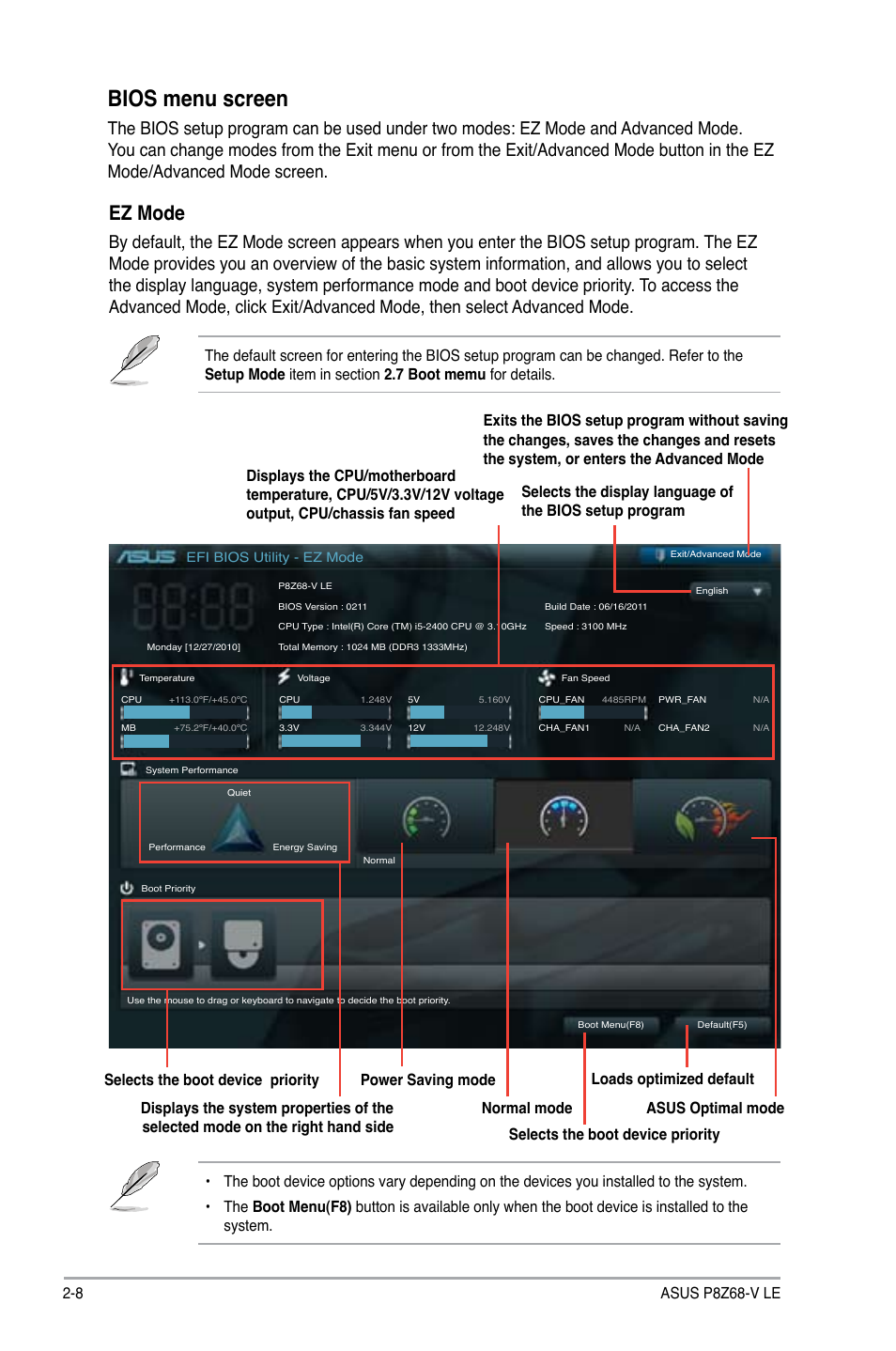 Bios menu screen, Ez mode, 8 asus p8z68-v le | Asus P8Z68-V LE User Manual | Page 58 / 82