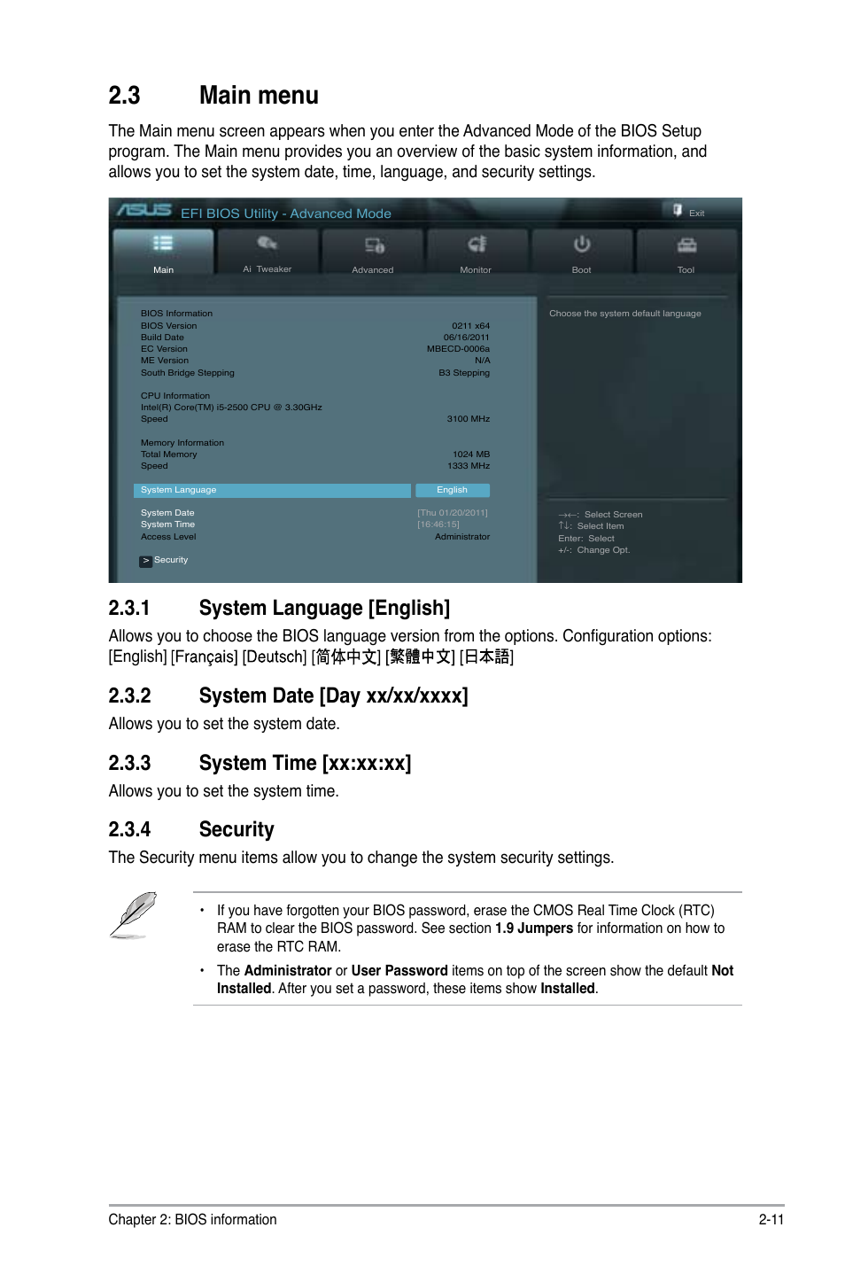 3 main menu, 1 system language [english, 2 system date [day xx/xx/xxxx | 3 system time [xx:xx:xx, 4 security, Main menu -11 2.3.1, System language [english] -11, System date [day xx/xx/xxxx] -11, System time [xx:xx:xx] -11, Security -11 | Asus P8Z68-V LE User Manual | Page 61 / 82
