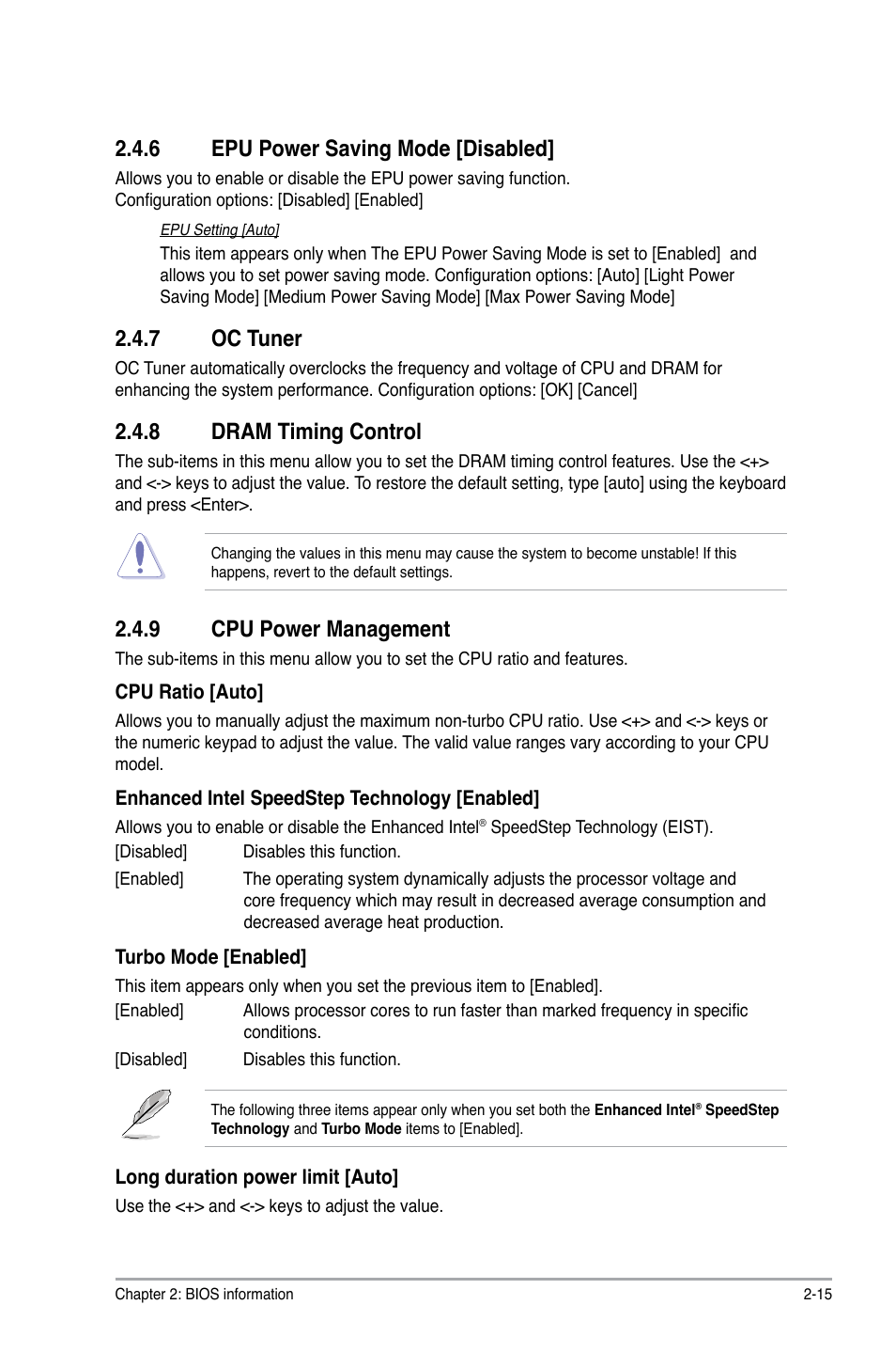 6 epu power saving mode [disabled, 7 oc tuner, 8 dram timing control | 9 cpu power management, Epu power saving mode [disabled] -15, Oc tuner -15, Dram timing control -15, Cpu power management -15 | Asus P8Z68-V LE User Manual | Page 65 / 82