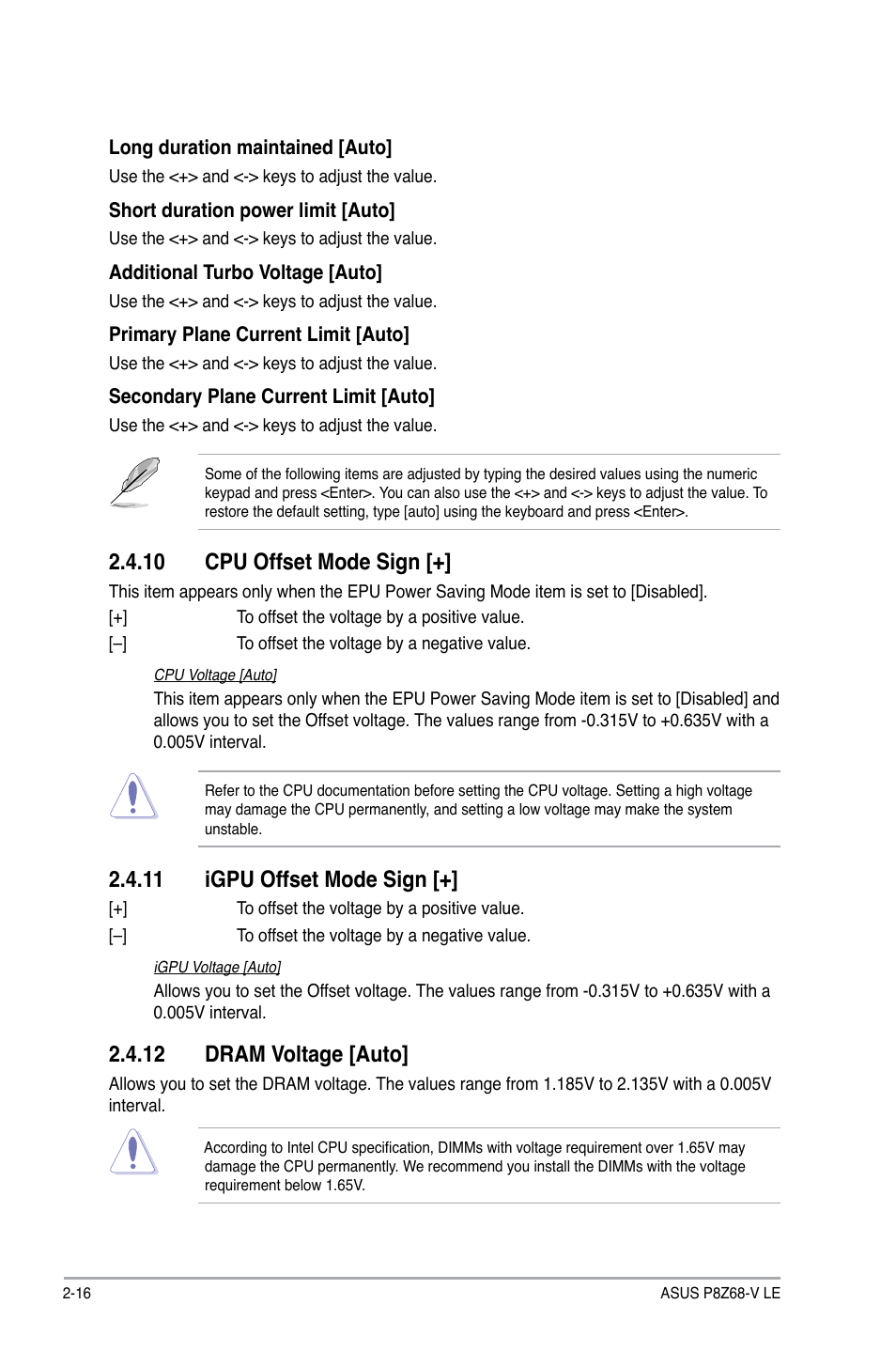 10 cpu offset mode sign, 11 igpu offset mode sign, 12 dram voltage [auto | 12 dram voltage [auto] -16 | Asus P8Z68-V LE User Manual | Page 66 / 82