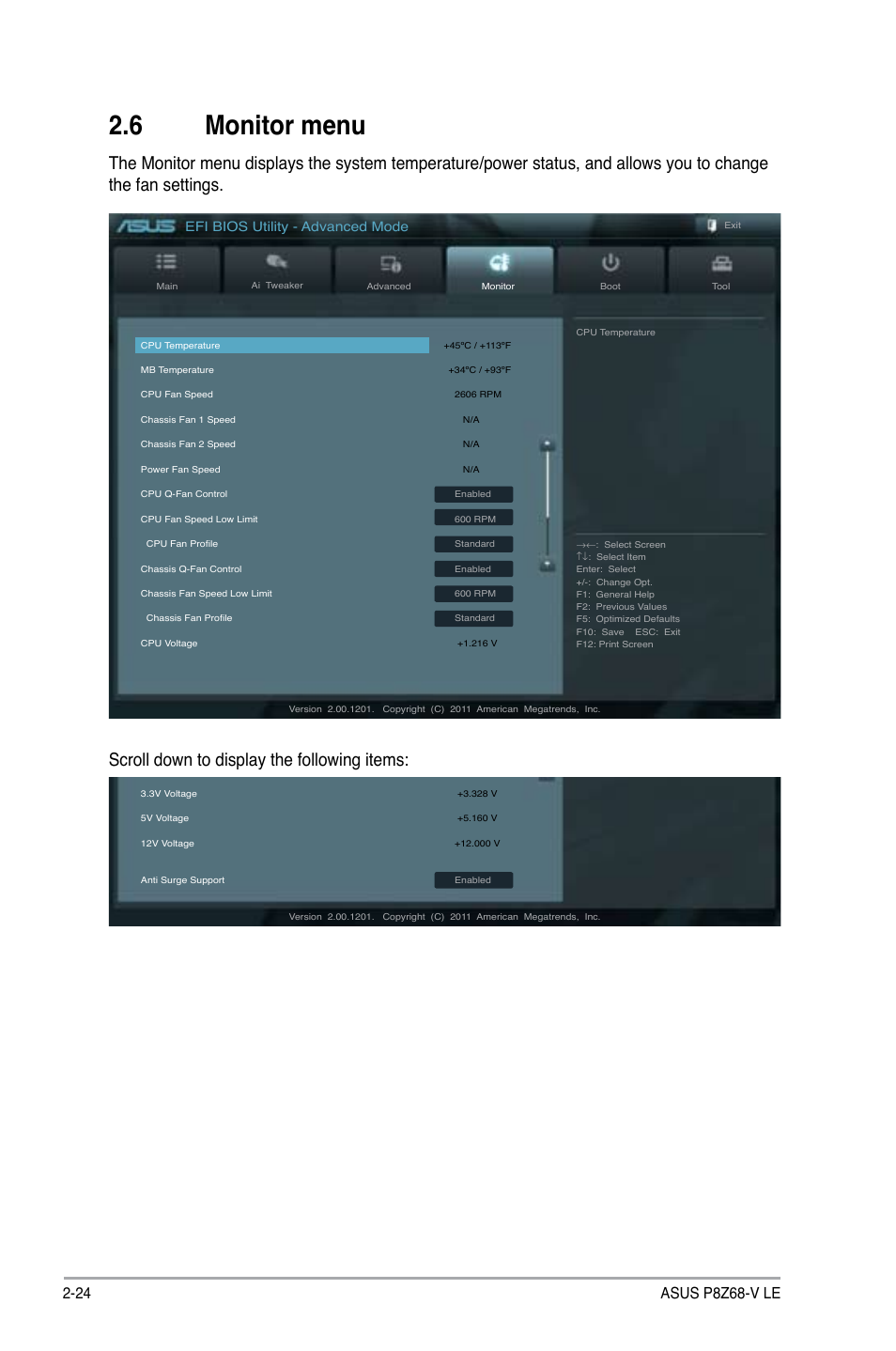 6 monitor menu, Monitor menu -24, Scroll down to display the following items | Efi bios utility - advanced mode | Asus P8Z68-V LE User Manual | Page 74 / 82