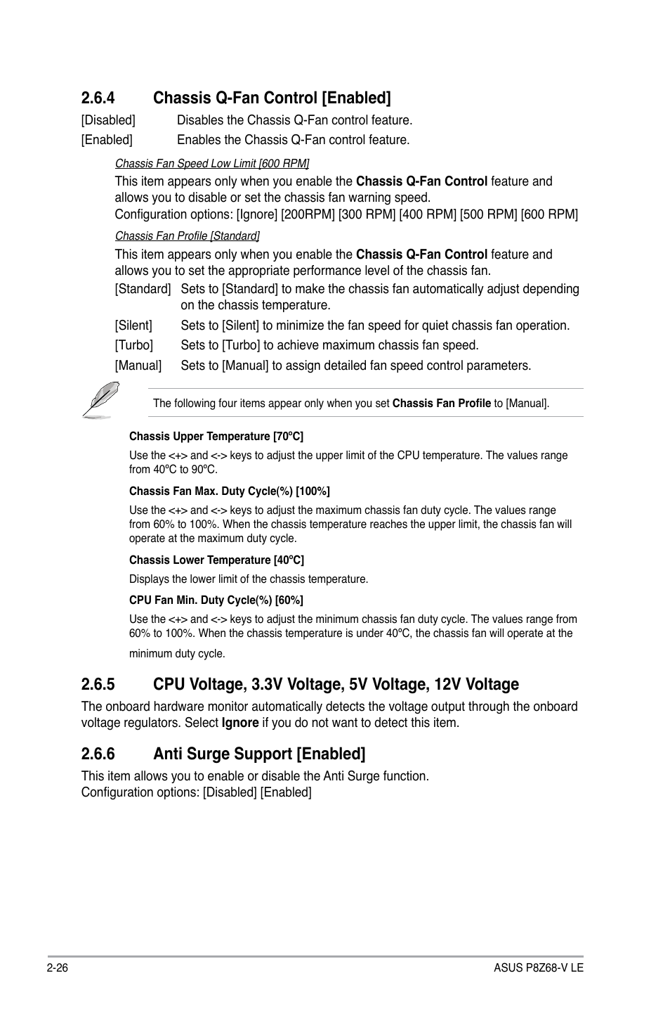 4 chassis q-fan control [enabled, 6 anti surge support [enabled, Chassis q-fan control [enabled] -26 | Anti surge support [enabled] -26 | Asus P8Z68-V LE User Manual | Page 76 / 82