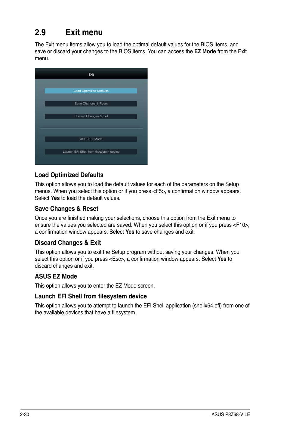 9 exit menu, Exit menu -30 | Asus P8Z68-V LE User Manual | Page 80 / 82